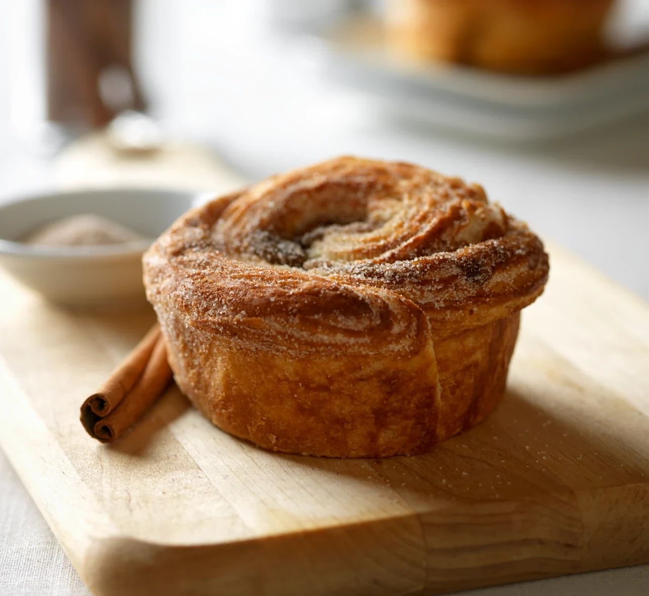 A fresh Original Duffeyroll on a wooden board beside cinnamon sticks.